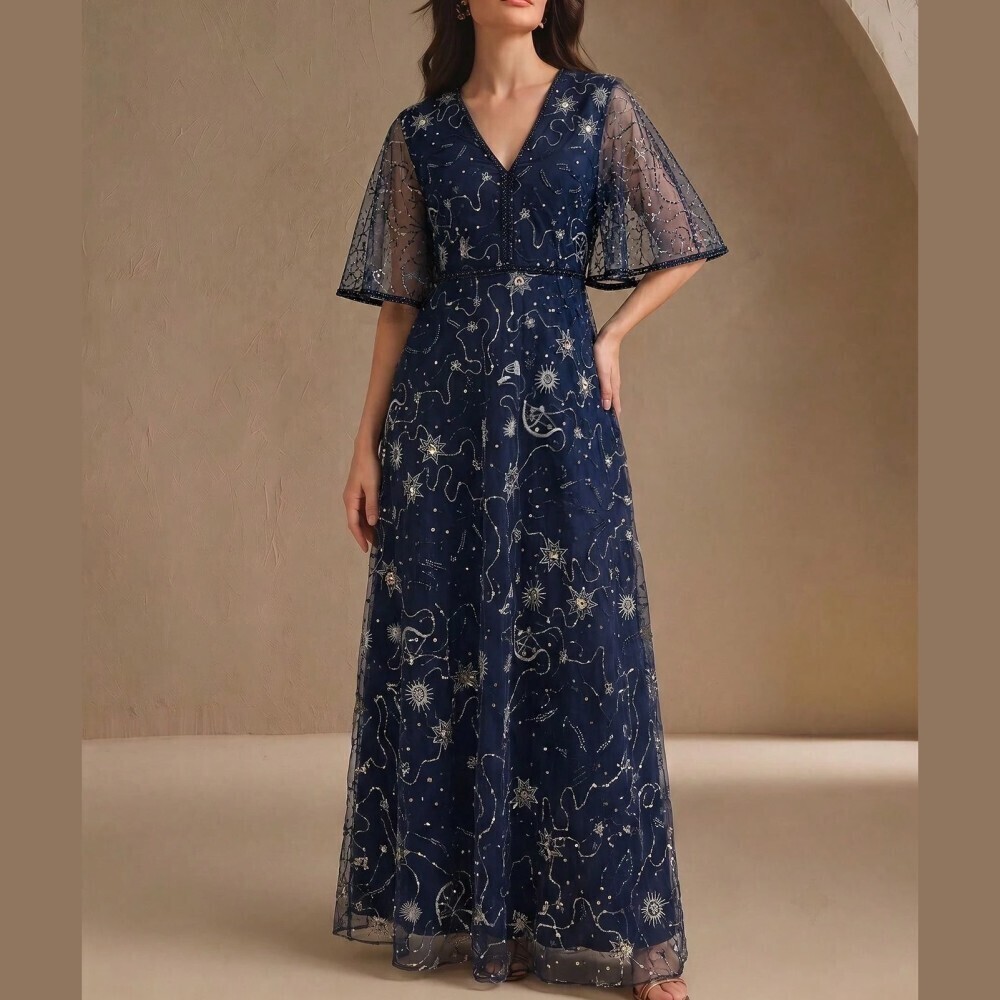 Navy Blue Celestial Constellation Sequin V Neck Flutter Sleeve Maxi Dress